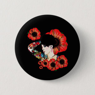Tattoo inked girl among poppy flowers Art by LeahG 6 Cm Round Badge