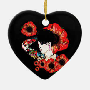 Tattoo inked girl among poppy flowers Art by LeahG Ceramic Tree Decoration