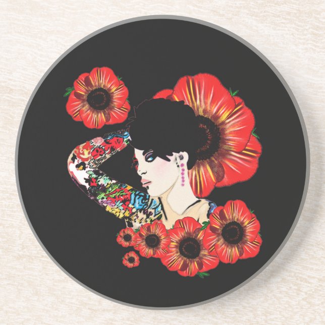 Tattoo inked girl among poppy flowers Art by LeahG Coaster (Front)