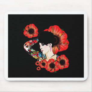 Tattoo inked girl among poppy flowers Art by LeahG Mouse Pad