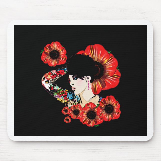 Tattoo inked girl among poppy flowers Art by LeahG Mouse Pad (Front)