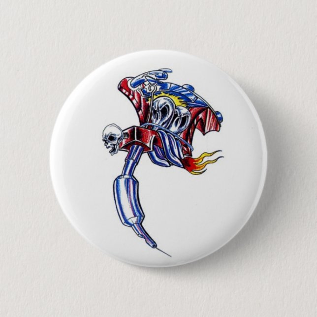 tattoo machine skull 6 cm round badge (Front)