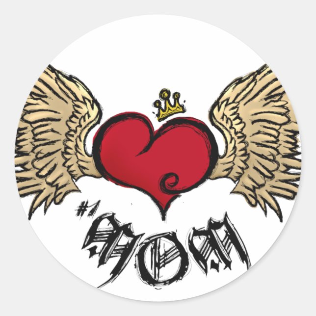 Tattoo Mum Crowned Heart with Wings Classic Round Sticker (Front)