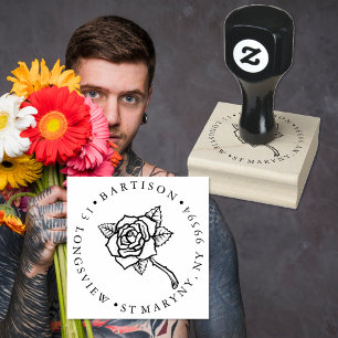 TATTOO ROSE ROUND RETURN ADDRESS RUBBER STAMP