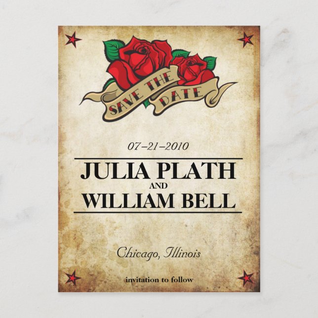 Tattoo Rose Save the Date Announcement Postcard (Front)