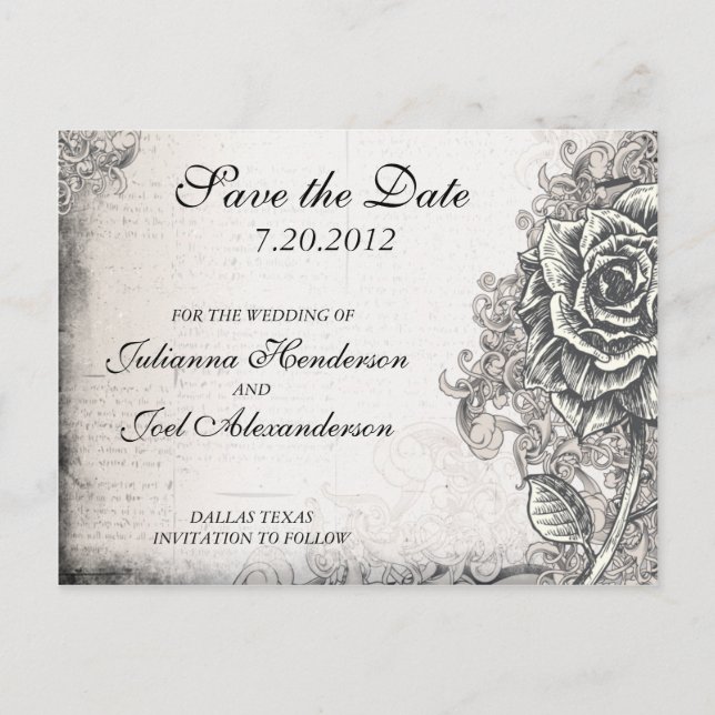 Tattoo Rose Save the Date Wedding Postcard (Front)