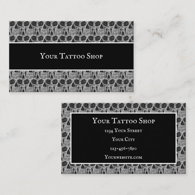 Tattoo Shop Black And White Gothic Skulls Pattern Business Card (Front/Back)