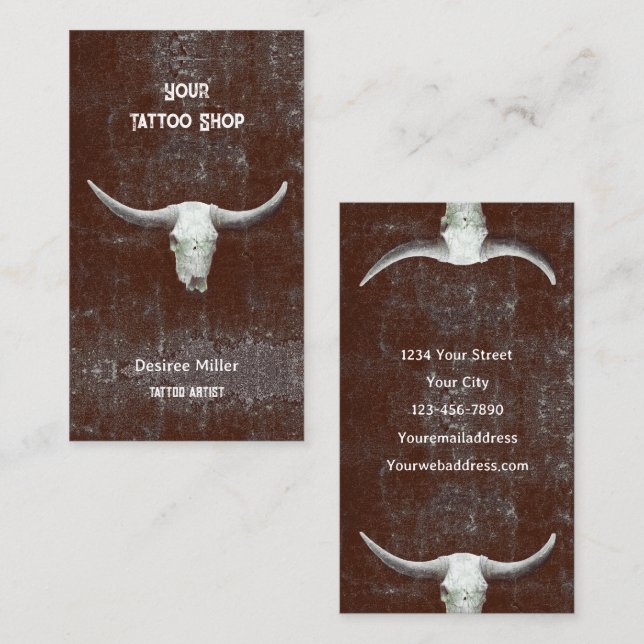 Tattoo Shop Bull Skull Rodeo Brown White Western  Business Card (Front/Back)
