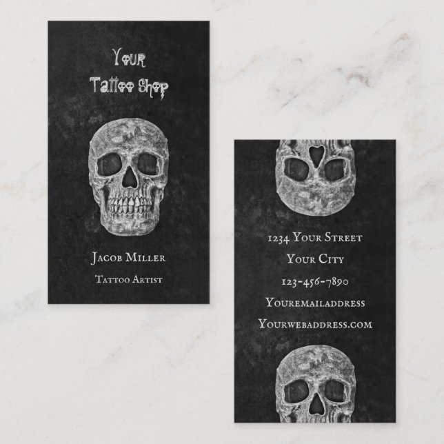 Tattoo Shop Gothic Black And White Skull Head Business Card (Front/Back)
