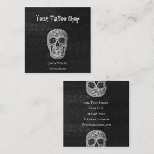 Tattoo Shop Gothic Cool Black And White Skull Head Square Business Card