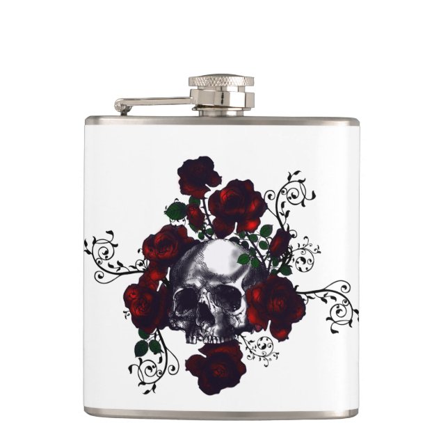 Tattoo Skull and Red Roses Goth Flask (Front)