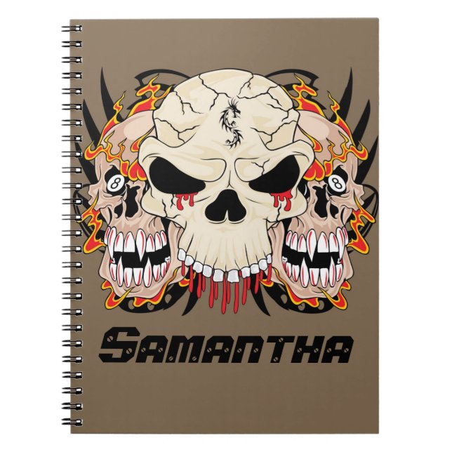 Tattoo Skull Eight Ball Flame Fire Spiral Notebook (Front)