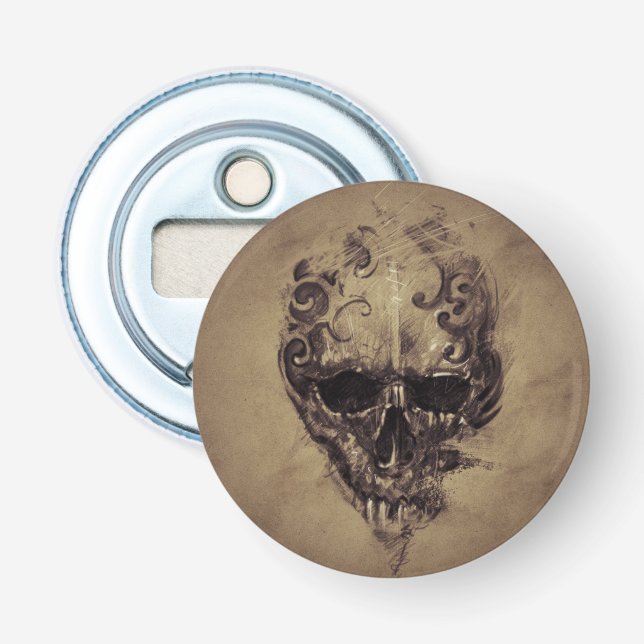 Tattoo Skull Over Vintage Paper Bottle Opener (Front)