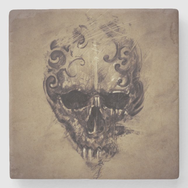 Tattoo Skull Over Vintage Paper Stone Coaster (Front)