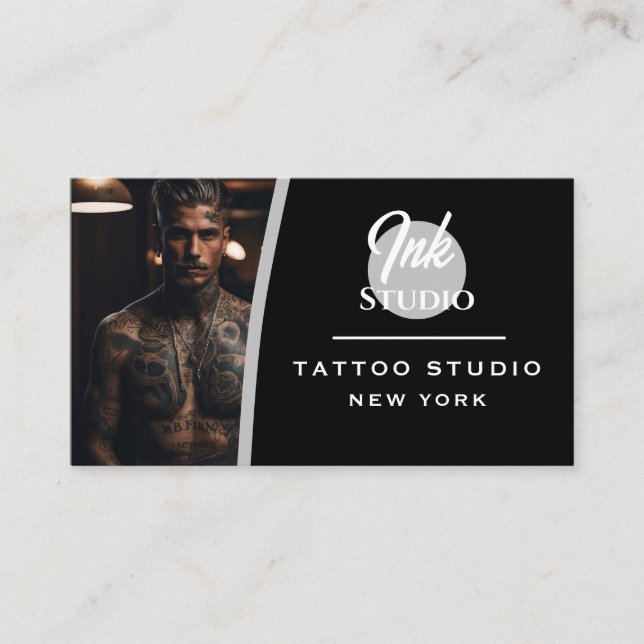 Tattoo Studio Black Photo Business Card | (Front)