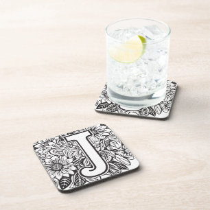 Tattoo-Style Black and White Monogram Ink Flowers Coaster