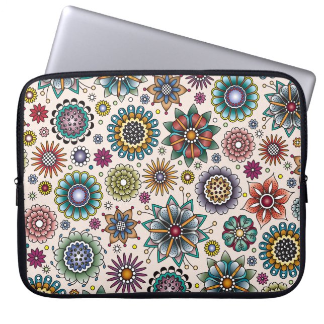 Tattoo Style Flower Doodle Pattern Laptop Sleeve (Front)