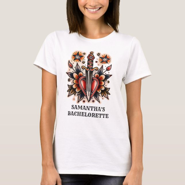 Tattoo Style Heart Dagger Retro Bachelorette Party T-Shirt (Front)