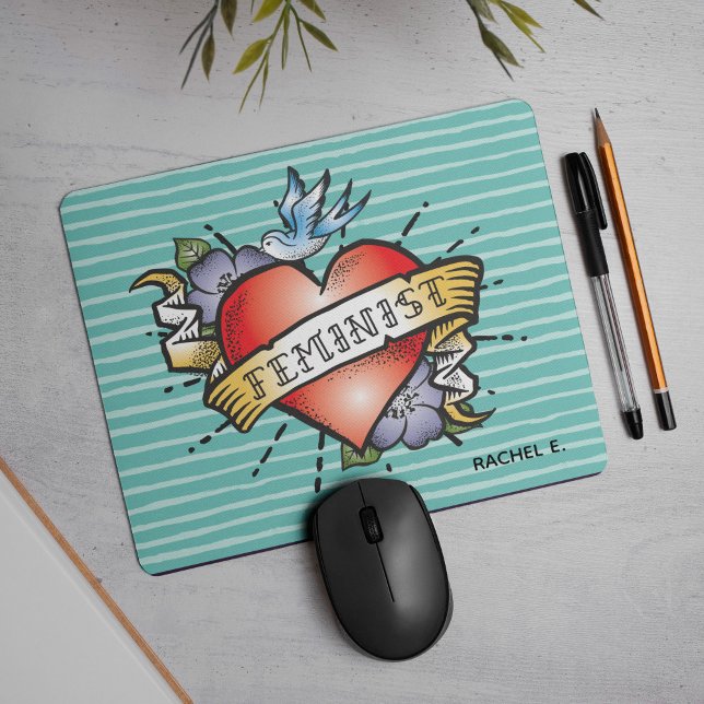 Tattoo Style Heart Feminist on Aqua Mouse Pad (Be ready to rock out with this tattoo style heart mouse pad. )