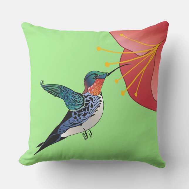 Tattoo Style Hummingbird Red Tropical Flower Cushion (Front)