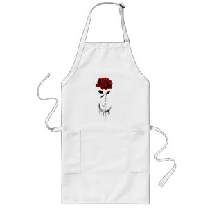Tattoo-Style Red Rose & Crescent Moon with "Love" Long Apron