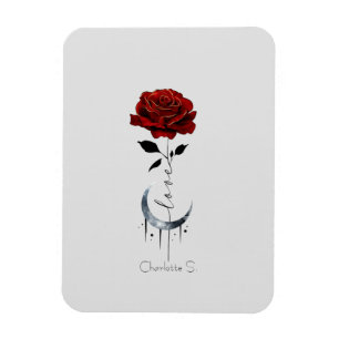 Tattoo-Style Red Rose & Crescent Moon with "Love" Magnet