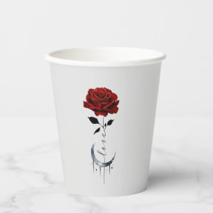 Tattoo-Style Red Rose & Crescent Moon with "Love" Paper Cups