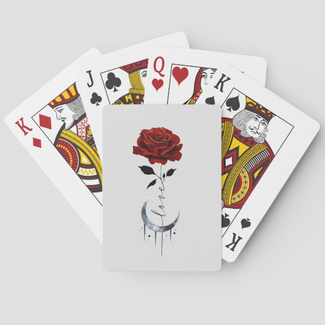 Tattoo-Style Red Rose & Crescent Moon with "Love" Playing Cards (Back)