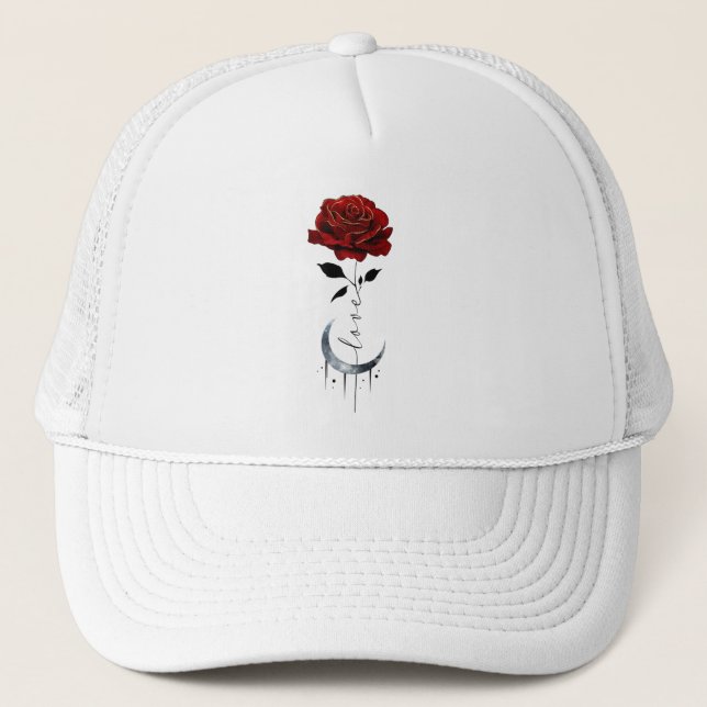 Tattoo-Style Red Rose & Crescent Moon with "Love" Trucker Hat (Front)