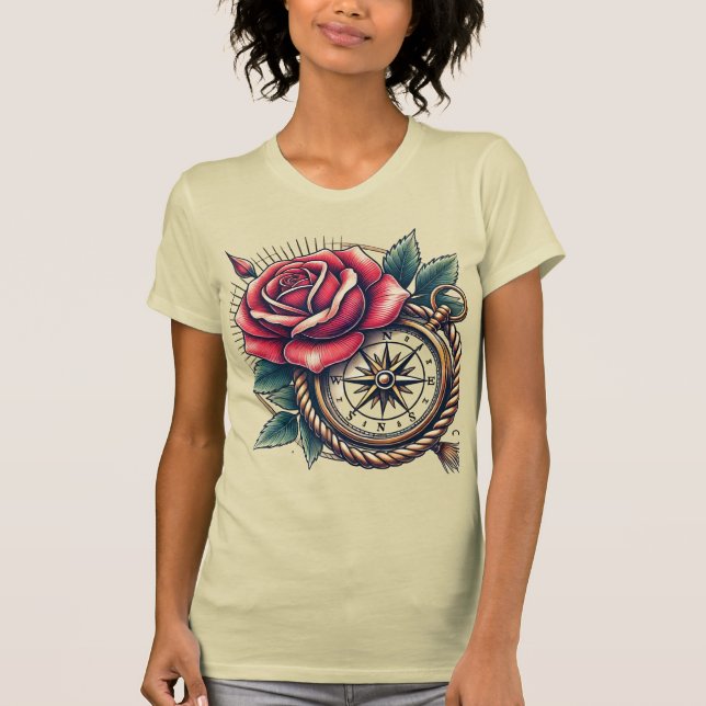 Tattoo-Style Rose and Compass T-Shirt Design (Front)