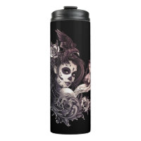 Tattoo Style Sugar Skull Girl with Bird