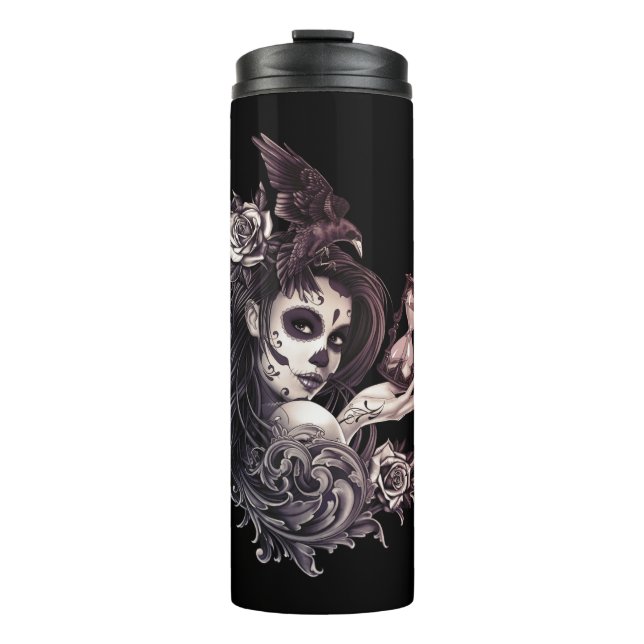 Tattoo Style Sugar Skull Girl with Bird Thermal Tumbler (Front)