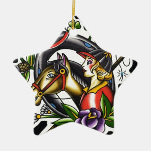 Tattoo Watercolor of an Irish girl and her horse Ceramic Tree Decoration