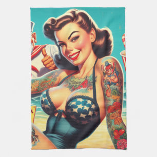 Tattooed Beach Pin-up Tea Towel