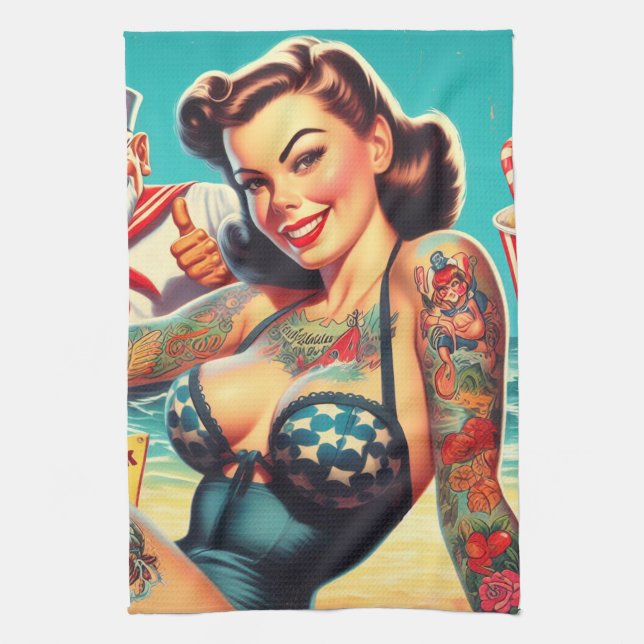 Tattooed Beach Pin-up Tea Towel (Vertical)
