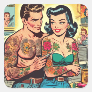 Tattooed Couple Vintage Comics Square Sticker
