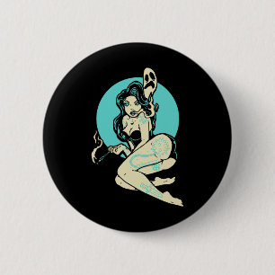 Tattooed Goth Pin-up Girl Horror Ghost Moon Rockab 6 Cm Round Badge