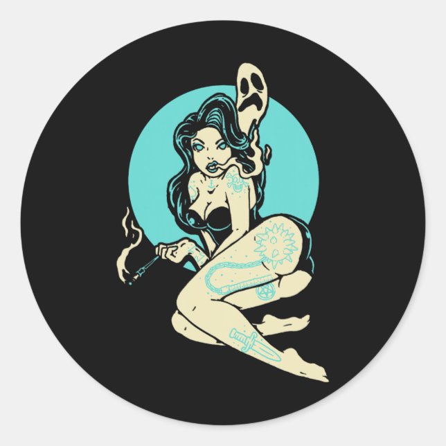 Tattooed Goth Pin-up Girl Horror Ghost Moon Rockab Classic Round Sticker (Front)