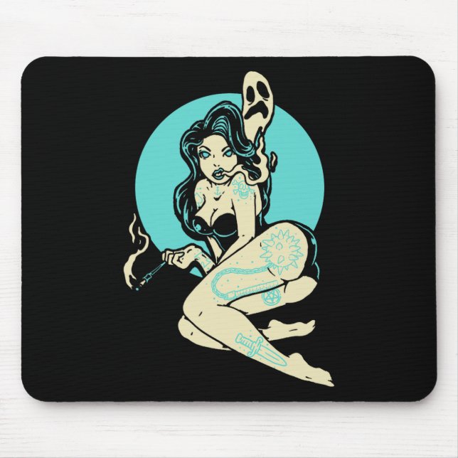 Tattooed Goth Pin-up Girl Horror Ghost Moon Rockab Mouse Pad (Front)