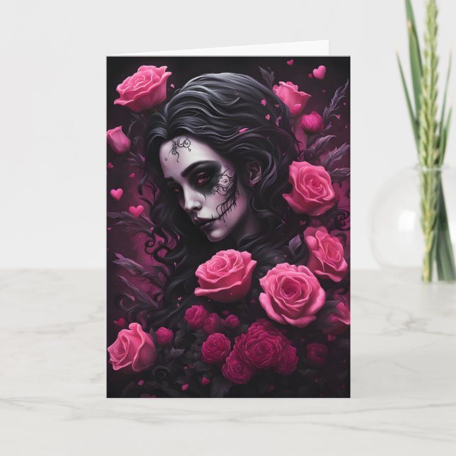 Tattooed Goth Woman Pink and Red Flowers Valentine Card (Front)
