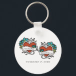 Tattooed Hearts, Tattoo Graphic Wedding Key Ring<br><div class="desc">Create a custom wedding party favour or small gift with this keychain. It features tattoo style graphics with retro style hearts in red with blue flower accents that are ready to be personalised with the name of the bride and groom.</div>