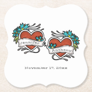 Tattooed Hearts, Tattoo Graphic Wedding Paper Coaster