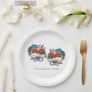 Tattooed Hearts, Tattoo Graphic Wedding Paper Plate