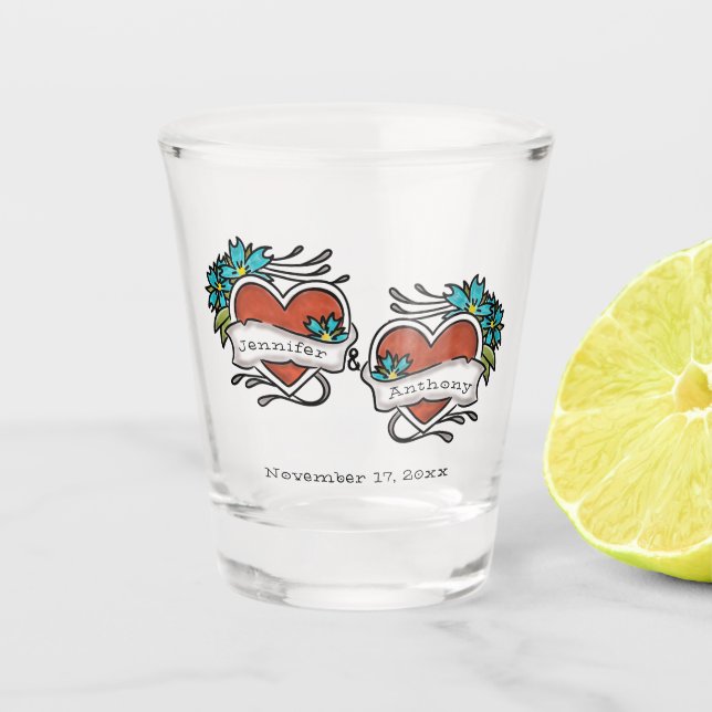 Tattooed Hearts, Tattoo Graphic Wedding Shot Glass (Front)