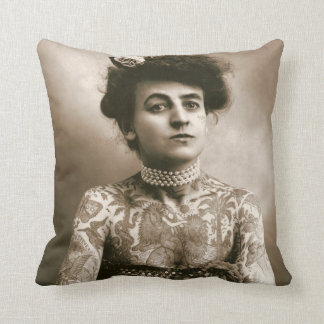 Tattooed Lady w/ Pearls Throw Pillow 20" Vintage