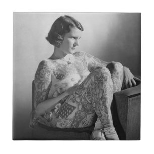Tattooed Sailor Girl Vintage B&W photo  Tile