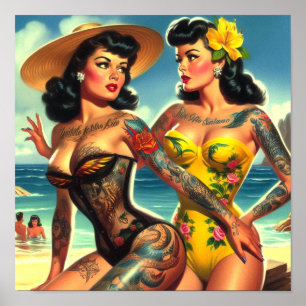 Tattooed Vintage Beach Pin-ups Poster