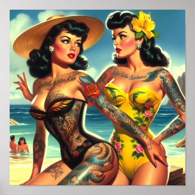 Tattooed Vintage Beach Pin-ups Poster (Front)