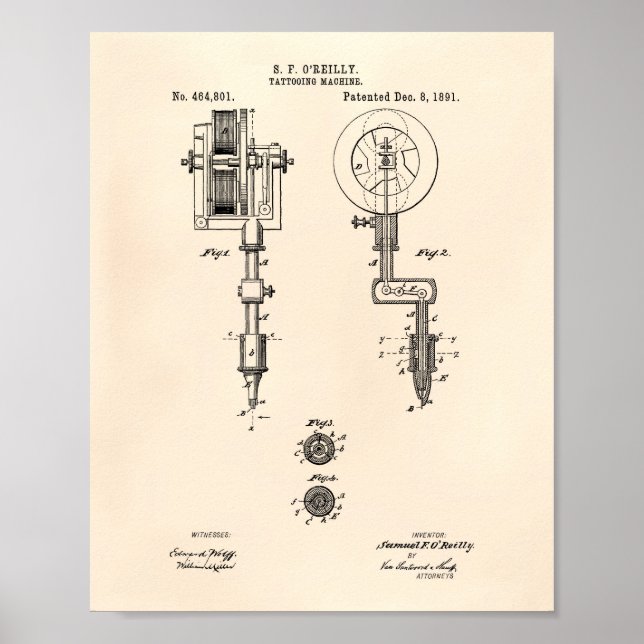 Tattooing Machine 1891 Patent Art Old Peper Poster (Front)