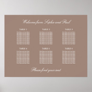 Taupe 6 Table Wedding Seating Chart Poster
